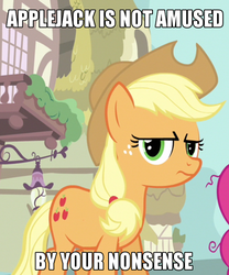 Size: 500x601 | Tagged: safe, applejack, g4, image macro, meme, reaction image, unamused