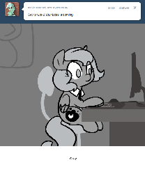 Size: 666x800 | Tagged: safe, artist:egophiliac, princess luna, pony, moonstuck, g4, animated, ask, average woona, chin scratch, comic, computer, female, filly, grayscale, monochrome, solo, tumblr, typing, woona, younger