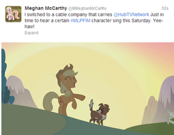 Size: 500x387 | Tagged: safe, screencap, applejack, winona, dog, earth pony, pony, apple family reunion, g4, applejack's hat, cowboy hat, hat, meghan mccarthy, song, sun