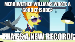 Size: 500x283 | Tagged: safe, spitfire, g4, wonderbolts academy, academy record, clothes, desk, desk lamp, image macro, merriwether williams, necktie, spitfire's office, sunglasses, uniform, wonderbolts dress uniform