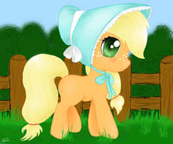 Size: 1800x1500 | Tagged: safe, artist:kitsunehino, applejack, g4, bonnet, filly