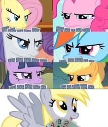 Size: 500x588 | Tagged: safe, applejack, derpy hooves, fluttershy, pinkie pie, rainbow dash, rarity, twilight sparkle, pegasus, pony, g4, female, mane six, mare, poker face