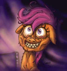 Size: 1316x1388 | Tagged: safe, artist:cazra, scootaloo, g4, sleepless in ponyville, bloodshot eyes, nightmare fuel, scaryloo, scene interpretation, snappleloo