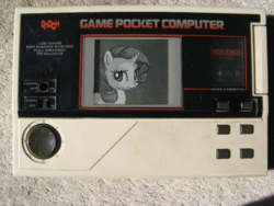 Size: 768x576 | Tagged: safe, edit, rarity, pony, g4, compact cassette, computer, epoch game pocket computer, game console, monochrome, photo, solo