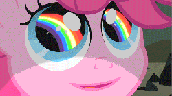 Size: 622x350 | Tagged: safe, screencap, pinkie pie, earth pony, pony, g4, season 1, the cutie mark chronicles, animated, dilated pupils, ei, eyes on the prize, female, filly, filly pinkie pie, gif, happy, hub logo, looking up, open mouth, pinkamena diane pie, rainbow, rainbow eyes, rock farm, smiling, solo, sonic rainboom, sparkly eyes, wingding eyes, younger