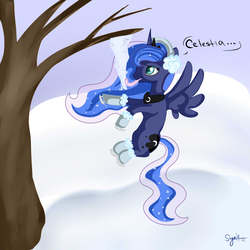 Size: 1000x1000 | Tagged: dead source, safe, artist:sapphierwolf, princess luna, pony, g4, female, frozen, ice skates, silly, silly pony, snow, solo, tongue out, tree, winter