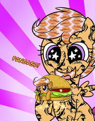 Size: 494x628 | Tagged: artist needed, safe, scootaloo, chicken, g4, burger, scootachicken