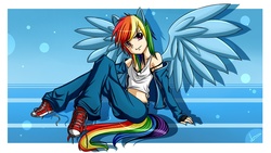 Size: 1366x768 | Tagged: safe, artist:merrytheberry, rainbow dash, human, g4, converse, eared humanization, female, humanized, shoes, solo, tailed humanization, winged humanization