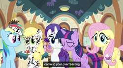 Size: 924x512 | Tagged: safe, screencap, applejack, fluttershy, rainbow dash, rarity, twilight sparkle, chicken, g4, female, mane six, overreaction, train, youtube caption