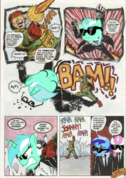 Size: 490x693 | Tagged: safe, edit, lyra heartstrings, minuette, twinkleshine, human, g4, clothes, comic, feka, gloves, hand, johnny turbo, laser, necktie, speech bubble, sunglasses