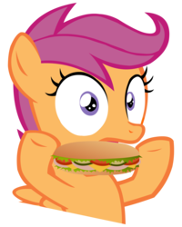 Size: 4000x5000 | Tagged: safe, edit, scootaloo, pegasus, pony, g4, female, filly, foal, food, sandwich, simple background, solo, transparent background