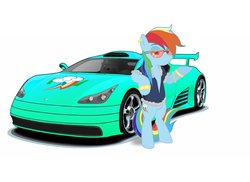 Size: 1024x744 | Tagged: safe, artist:zeronitan, rainbow dash, pony, g4, bipedal, car, supercar