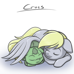 Size: 894x894 | Tagged: safe, artist:x-cross, derpy hooves, bulbasaur, pegasus, pony, g4, crossover, cuddling, female, mare, pokémon, sleeping