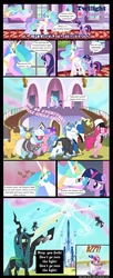 Size: 900x2200 | Tagged: safe, artist:mlp-silver-quill, amethyst star, blue moon (g4), caramel, chocolate sun, cloudchaser, comet tail, discord, fancypants, photo finish, pinkie pie, princess cadance, princess celestia, queen chrysalis, royal ribbon, shining armor, sparkler, twilight sparkle, alicorn, changeling, changeling queen, crystal pony, earth pony, pony, unicorn, g4, bipedal, blue moon, bug zapper, bugs doing bug things, comic, crystal castle, crystal empire, crystallized, ethereal mane, female, human pose, male, mare, smile song, stallion, unicorn twilight, wreck-it ralph