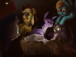 Size: 1280x960 | Tagged: safe, artist:spectralunicorn, applejack, big macintosh, rainbow dash, rarity, spike, twilight sparkle, oc, oc:nyx, earth pony, goat, pony, g4, christmas, faic, female, male, manger, mare, merry nyxmas, newborn, nyxmas, scene parody, stallion