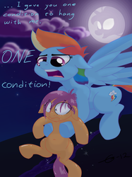 Size: 1280x1707 | Tagged: safe, artist:gavalanche, princess luna, rainbow dash, scootaloo, pegasus, pony, g4, sleepless in ponyville, belly, belly button, carrying, cloud, cute, cutealoo, dock, female, filly, floppy ears, flying, frown, glare, glowing eyes, holding a pony, mare, moon, night, open mouth, scene interpretation, smiling, spread wings, unamused, wet, wet mane, wide eyes, wings, you had one job