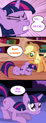 Size: 370x987 | Tagged: safe, applejack, twilight sparkle, earth pony, pony, g4, butt, comic, plot, pun