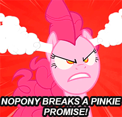 Size: 245x235 | Tagged: safe, edit, edited screencap, screencap, pinkie pie, earth pony, pony, g4, the last roundup, angry, animated, caption, female, nightmare, pinkie pie is not amused, pinkie promise, rage, reaction image, red background, simple background, solo, unamused