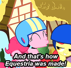 Size: 245x235 | Tagged: safe, edit, edited screencap, screencap, apple bloom, pinkie pie, earth pony, pony, g4, season 1, the cutie mark chronicles, and that's how equestria was made, animated, butt touch, cropped, duo focus, female, filly, helmet, hoof on butt, mare, reaction image