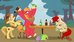 Size: 7456x4232 | Tagged: safe, artist:lucretiusm16, big macintosh, braeburn, spike, oc, earth pony, pony, g4, 420, absurd resolution, applejack daniel's, bong, drugs, drunk, male, reddened eyes, sick, stallion