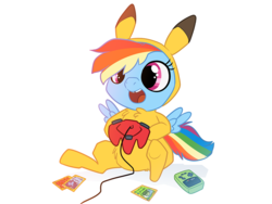 Size: 900x675 | Tagged: source needed, safe, artist:zonkpunch, rainbow dash, pegasus, pikachu, pony, g4, clothes, controller, costume, female, footed sleeper, game boy, kigurumi, nintendo 64, open mouth, pajamas, simple background, solo, spread wings, trading card, white background, wings
