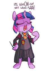 Size: 891x1300 | Tagged: source needed, safe, artist:zonkpunch, twilight sparkle, pony, semi-anthro, g4, bipedal, clothes, eyes closed, female, harry potter (series), hermione granger, hoof hold, magic, magic wand, open mouth, simple background, solo, white background, wingardium leviosa