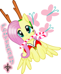 Size: 1060x1280 | Tagged: safe, artist:deserted wolf, fluttershy, pegasus, pony, g4, antlers, candy, candy cane, clothes, cutie mark background, female, flying, food, mare, mouth hold, smiling, solo, spread wings, text, wings