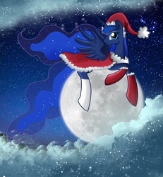 Size: 2000x2169 | Tagged: safe, artist:pridark, princess luna, pony, g4, cape, clothes, female, hat, moon, santa hat, socks, solo, tangible heavenly object