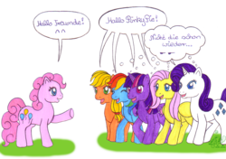 Size: 900x633 | Tagged: safe, artist:shadowgirlfan, applejack, fluttershy, pinkie pie, rainbow dash, rarity, twilight sparkle, g1, g4, duckery in the source, g4 to g1, generation leap, german, misspelling