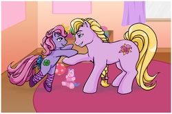 Size: 1000x662 | Tagged: safe, artist:farthingale, clover (g1), meadowlark, earth pony, pony, g1, my little pony tales, bipedal, cute, duo, duo female, female, g1betes, siblings, sisters, toy