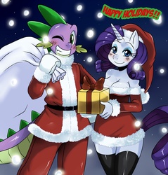 Size: 1177x1231 | Tagged: safe, artist:ss2sonic, rarity, spike, anthro, g4, christmas, clothes, costume, female, holiday, male, santa costume, sexy, sexy santa costume, ship:sparity, shipping, straight