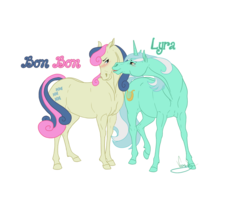 Size: 1083x863 | Tagged: safe, artist:vanycat, bon bon, lyra heartstrings, sweetie drops, earth pony, pony, unicorn, g4, blushing, female, hoers, lesbian, mare, realistic, realistic horse legs, ship:lyrabon, shipping, simple background, transparent background