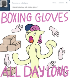 Size: 630x700 | Tagged: safe, artist:fantasyglow, bon bon, sweetie drops, g4, ask, boxing, boxing gloves, clothes, gloves, longbon, pun, tumblr