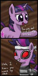 Size: 632x1264 | Tagged: safe, artist:silentbutbeardly, twilight sparkle, pony, unicorn, g4, dialogue, female, future twilight, grin, mare, parody, ponified, raised hoof, smiling, timesplitters, unicorn twilight