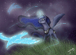 Size: 2333x1696 | Tagged: safe, artist:giuliabeck, nightmare moon, princess luna, g4, animated, night, solo, transformation