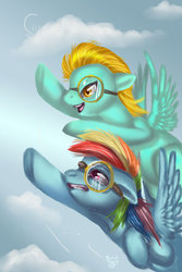 Size: 440x660 | Tagged: safe, artist:php154, lightning dust, rainbow dash, pegasus, pony, g4, cloud, duo, female, flying, goggles, mare, sky