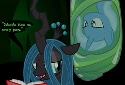 Size: 1930x1320 | Tagged: safe, artist:dazed-and-wandering, queen chrysalis, trixie, changeling, changeling queen, pony, unicorn, g4, a christmas carol, a hearths warming carol, cocoon, duo, duo female, female, mare, voice actor joke