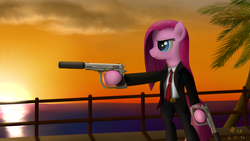 Size: 1920x1080 | Tagged: safe, artist:alexey29, pinkie pie, g4, agent 47, crossover, dual wield, gun, hitman, m1911, pinkamena diane pie, pistol, solo, suppressor