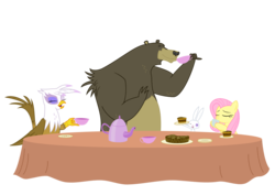 Size: 2105x1488 | Tagged: safe, artist:ranmasayo, angel bunny, fluttershy, gilda, harry, bear, griffon, pegasus, pony, rabbit, g4, .svg available, abuse, angelbuse, animal, black eye, cake, cup, female, food, gildabuse, mare, out of character, simple background, svg, teacup, teapot, transparent background, vector
