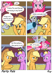 Size: 1200x1650 | Tagged: safe, artist:tikyotheenigma, applejack, derpy hooves, pinkie pie, screwball, earth pony, pegasus, pony, g4, background pony, breaking the fourth wall, cannon, comic, female, fourth wall, hat, in which pinkie pie forgets how to gravity, mare, pinkie being pinkie, pinkie physics, propeller hat, swirly eyes