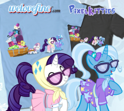 Size: 900x811 | Tagged: safe, artist:pixelkitties, rarity, sweetie belle, trixie, g4, camping outfit, clothes, t-shirt, welovefine