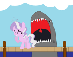 Size: 714x556 | Tagged: safe, artist:dinalfos5, diamond tiara, earth pony, pony, shark, g4, female, filly, foal, imminent vore, pier, wat