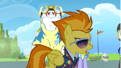 Size: 576x324 | Tagged: safe, screencap, bulk biceps, cloudchaser, spitfire, thunderlane, pegasus, pony, g4, wonderbolts academy, animated, clothes, cloudrage, drill sergeant, ear piercing, earring, female, forced smile, goggles, grin, jewelry, lead pony badge, male, mare, necktie, nervous, nervous smile, piercing, raised eyebrow, smiling, spitfire's tie, stallion, sunglasses, uniform, wingpony badge, wonderbolt trainee uniform, wonderbolts dress uniform