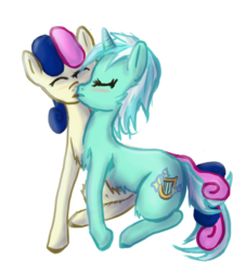 Size: 772x897 | Tagged: safe, artist:taffy, bon bon, lyra heartstrings, sweetie drops, earth pony, pony, unicorn, g4, blushing, conjoined, duo, female, fused, fusion, hilarious in hindsight, kiss on the lips, kissing, kneeling, lesbian, lyrabon (fusion), mare, multiple heads, ship:lyrabon, shipping, simple background, stuck together, together forever, transparent background, two heads