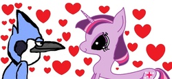 Size: 1245x572 | Tagged: safe, artist:gabyamaris, twilight sparkle, g4, crossover, crossover shipping, heart, male, mordecai, regular show, ship:mordetwi, shipping