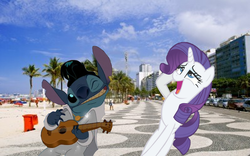 Size: 1440x900 | Tagged: source needed, useless source url, safe, artist:brion24, rarity, alien, pony, unicorn, g4, beach, crossover, crossover shipping, disney, elvis presley, faint, female, hawaii, irl, kauai, lilo and stitch, male, musical instrument, photo, ponies in real life, raristitch, shipping, stitch, straight, ukulele