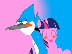 Size: 300x228 | Tagged: safe, artist:kaiamurosesei, twilight sparkle, g4, blushing, crossover, crossover shipping, male, mordecai, mordetwi, regular show