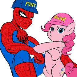 Size: 945x945 | Tagged: safe, artist:kinkycelestia, artist:megasweet, pinkie pie, g4, crossover, hat, male, spider-man, swag