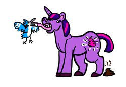 Size: 900x622 | Tagged: safe, artist:catsmoothie, twilight sparkle, bird, pony, unicorn, g4, crossover, crossover shipping, duo, female, kissing, male, mare, mordecai, mordetwi, poop, regular show, simple background, tongue out, tongue to tongue, unicorn twilight, white background