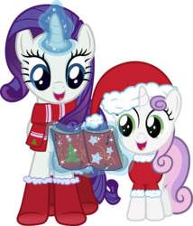 Size: 6500x7576 | Tagged: safe, artist:stabzor, rarity, sweetie belle, pony, unicorn, g4, absurd resolution, caroling, clothes, female, filly, foal, hat, magic, mare, santa costume, santa hat, scarf, siblings, simple background, sisters, transparent background